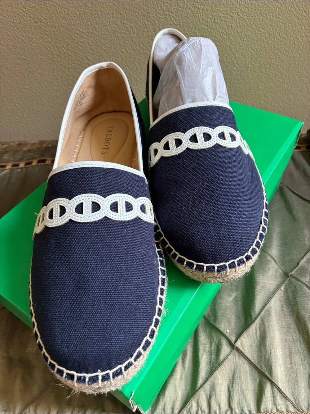 Talbots Navy Espadrille Slip-On with Cream Embroidered Trim